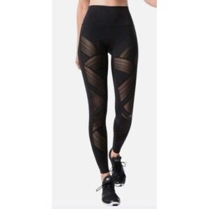 Alo Yoga High Waist Leggings Small Black‎ Mesh Pintuck Panel Activewear